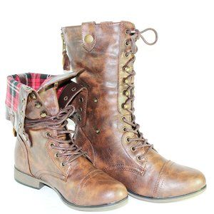 Women Foldable Combat Boots plaid stylish Lace up Low Knee High Boots Brown